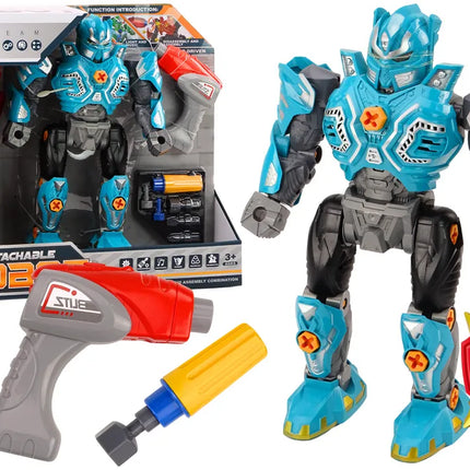 Sukamas robotas su ginklu, grąžtu ir atsuktuvu