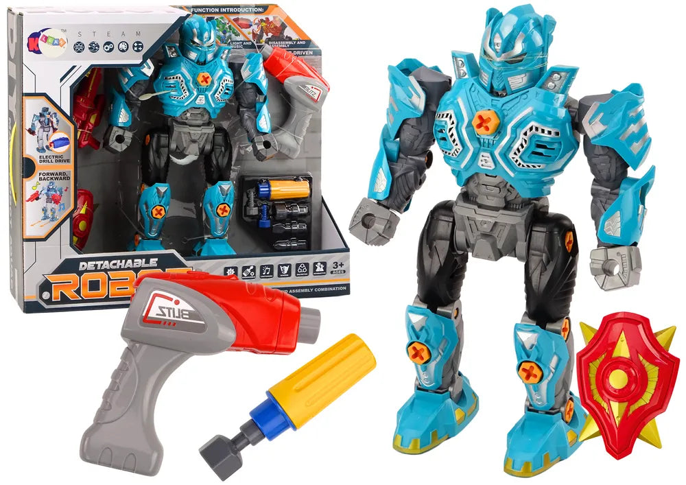 Sukamas robotas su ginklu, grąžtu ir atsuktuvu