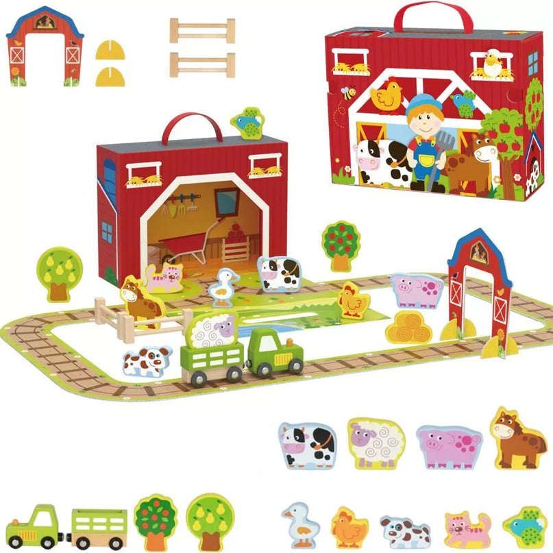 TOOKY TOY medinės fermos lagamine figūrėlės, transporto priemonės