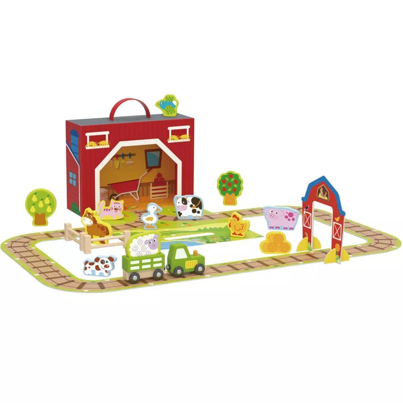 TOOKY TOY medinės fermos lagamine figūrėlės, transporto priemonės