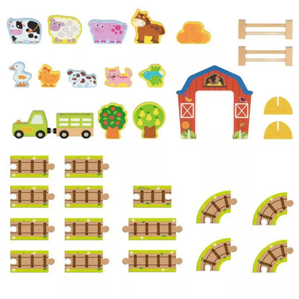 TOOKY TOY medinės fermos lagamine figūrėlės, transporto priemonės