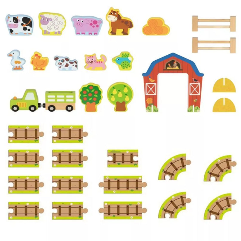 TOOKY TOY medinės fermos lagamine figūrėlės, transporto priemonės