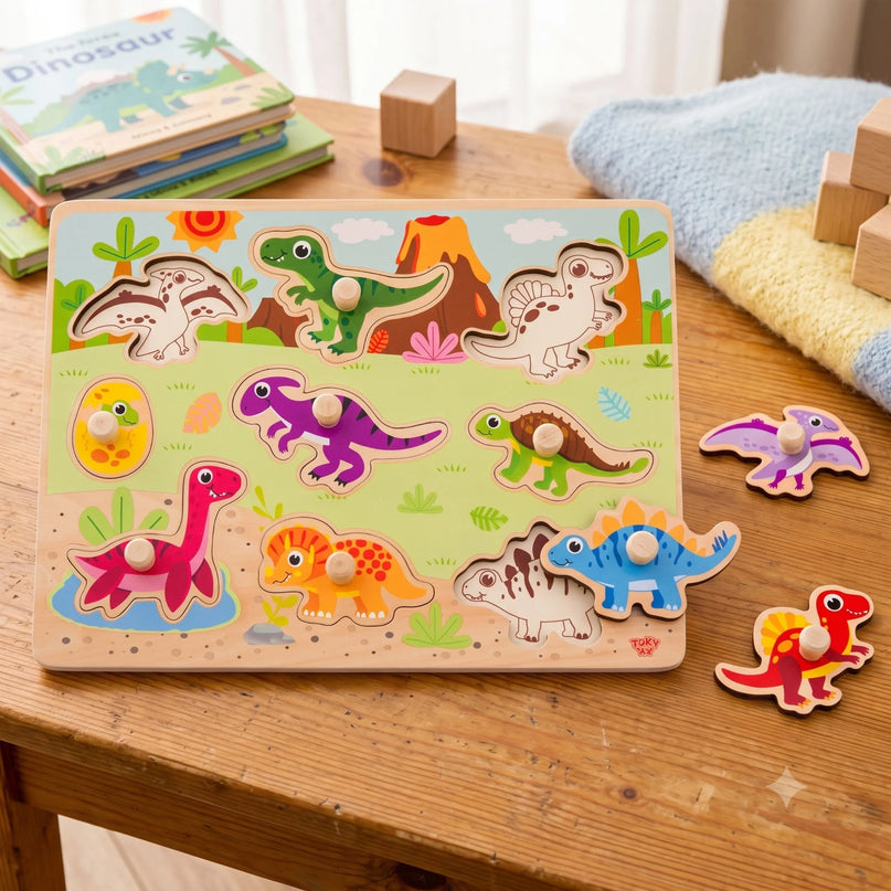 TOOKY TOY medinė dinozaurų dėlionė su laikikliais