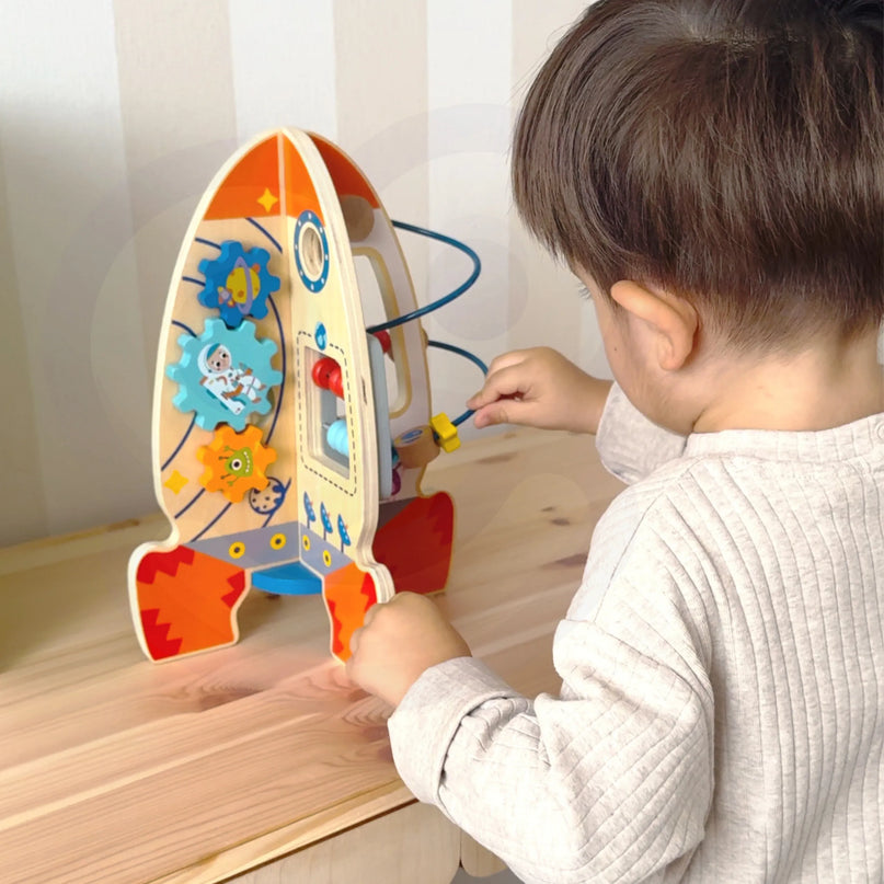 Tooky Toy medinė edukacinė raketa – kosminė 6in1 veiklų stotis