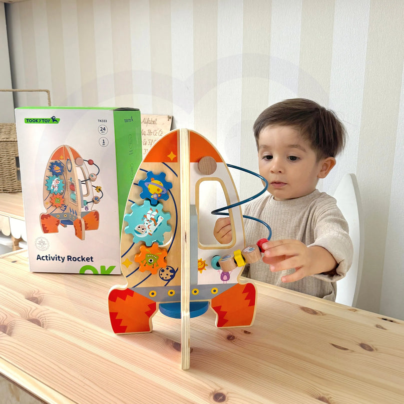 Tooky Toy medinė edukacinė raketa – kosminė 6in1 veiklų stotis