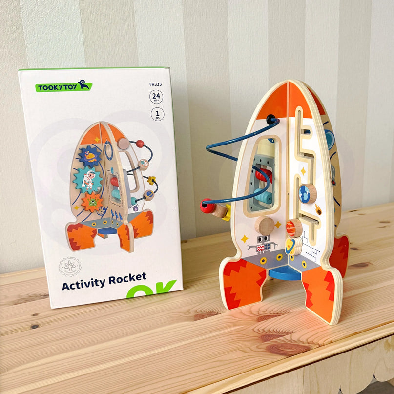 Tooky Toy medinė edukacinė raketa – kosminė 6in1 veiklų stotis