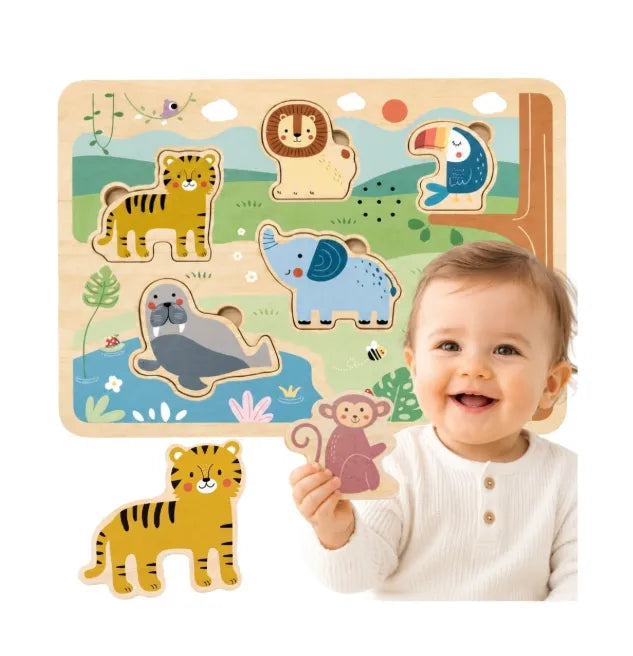 Tooky Toy medinė interaktyvi garsinė dėlionė „Safari“
