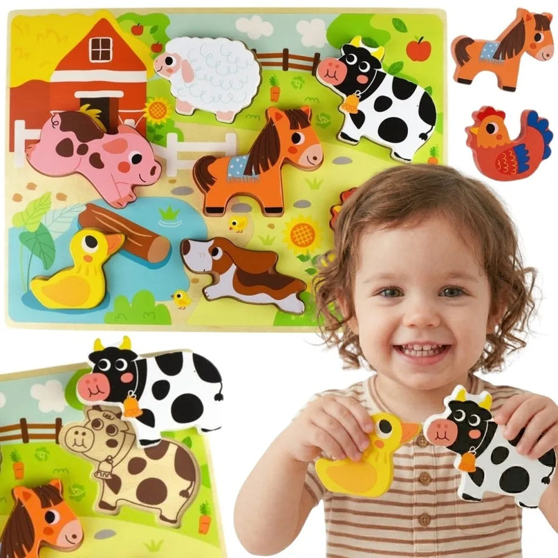 „TOOKY TOY“ medinė Montessori dėlionė – gyvūnai, ūkis, formų derinimas.