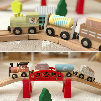 Tooky Toy mediniai magnetiniai vagonėliai ir lokomotyvai
