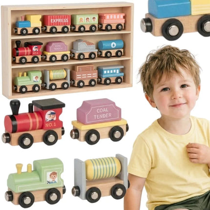 Tooky Toy mediniai magnetiniai vagonėliai ir lokomotyvai