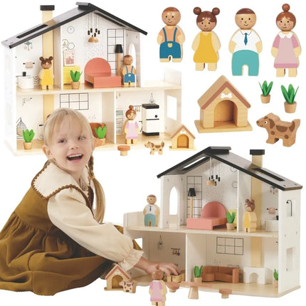 Tooky Toy medinis 2 aukštų lėlių namas su šeima, šuniuku ir 20 aksesuarų