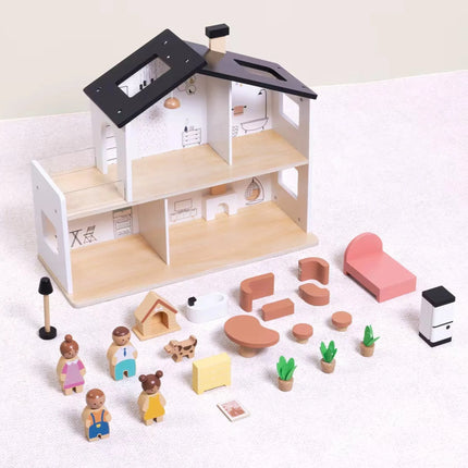 Tooky Toy medinis 2 aukštų lėlių namas su šeima, šuniuku ir 20 aksesuarų