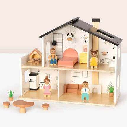 Tooky Toy medinis 2 aukštų lėlių namas su šeima, šuniuku ir 20 aksesuarų
