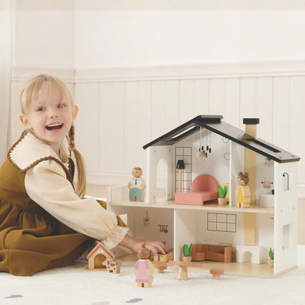 Tooky Toy medinis 2 aukštų lėlių namas su šeima, šuniuku ir 20 aksesuarų