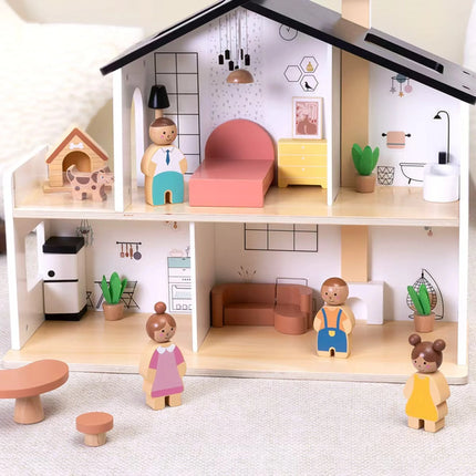 Tooky Toy medinis 2 aukštų lėlių namas su šeima, šuniuku ir 20 aksesuarų