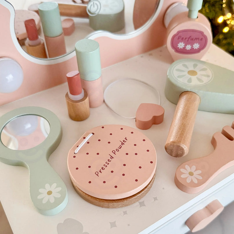 Tooky Toy medinis grožio staliukas su apšviečiamu veidrodžiu ir aksesuarais