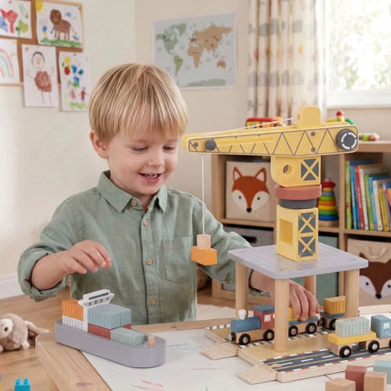 Tooky Toy medinis uostas su konteineriniu kranu