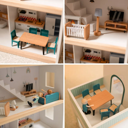 Tooky Toy modernus 3 aukštų medinis lėlių namas su 6 lėlėmis ir baldais