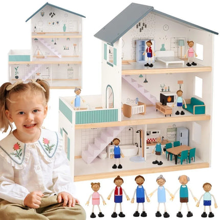 Tooky Toy modernus 3 aukštų medinis lėlių namas su 6 lėlėmis ir baldais