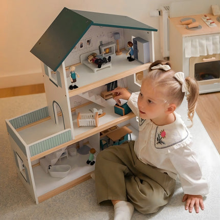 Tooky Toy modernus 3 aukštų medinis lėlių namas su 6 lėlėmis ir baldais