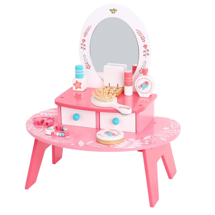 Tooky Toy rožinis medinis kosmetinis staliukas su veidrodžiu ir aksesuarais