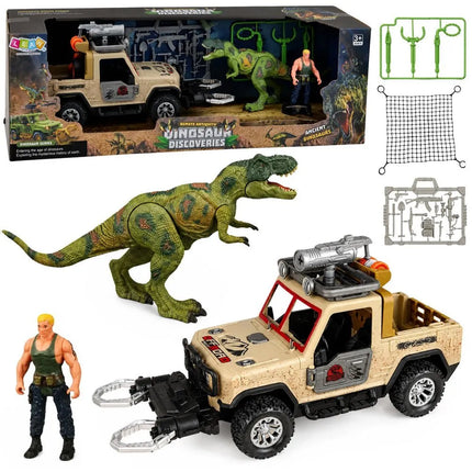 T‑Rex dinozaurų medžiotojo rinkinys su visureigiu, garsais ir aksesuarais