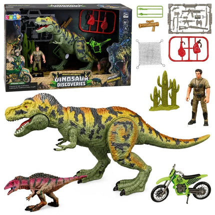 T‑Rex dinozaurų rinkinys: medžiotojas, motociklas, aksesuarai ir garsai