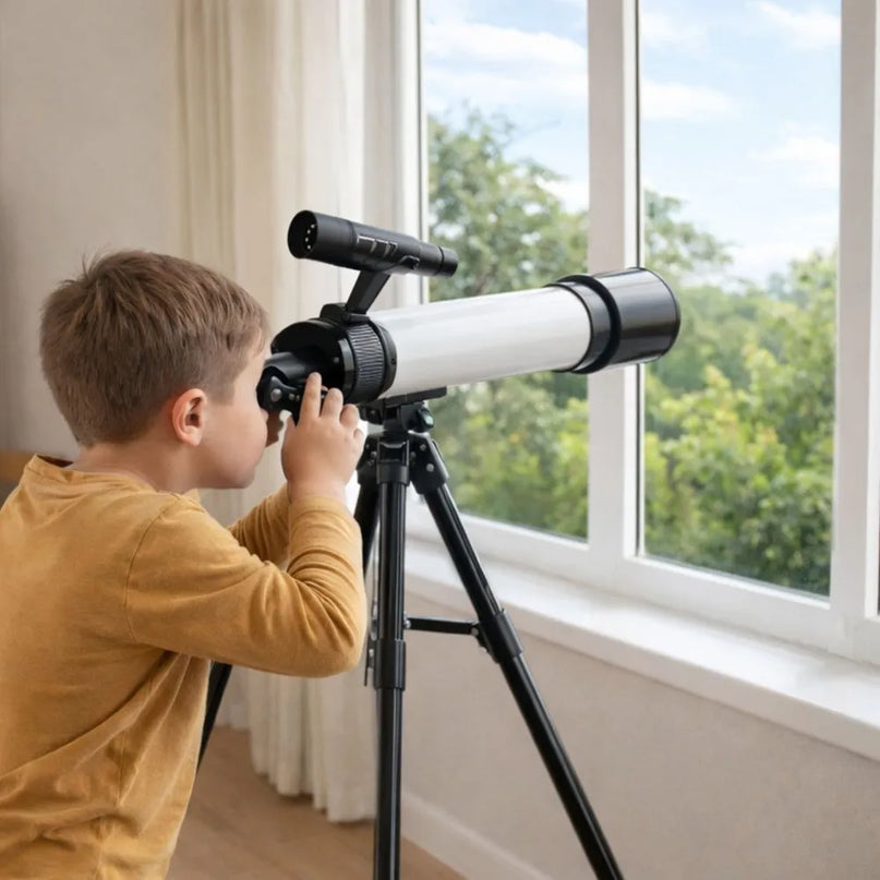 Vaikiškas astronominis teleskopas su laikikliu