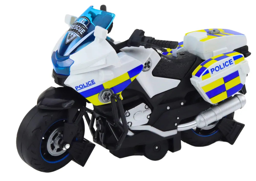 Vaikiškas policijos motociklas su atsukimo funkcija, šviesomis ir garsais – baltas