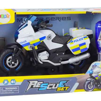 Vaikiškas policijos motociklas su atsukimo funkcija, šviesomis ir garsais – baltas
