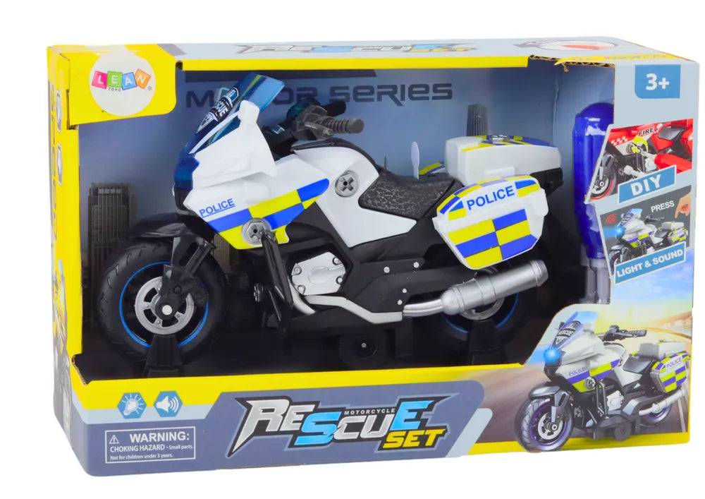 Vaikiškas policijos motociklas su atsukimo funkcija, šviesomis ir garsais – baltas