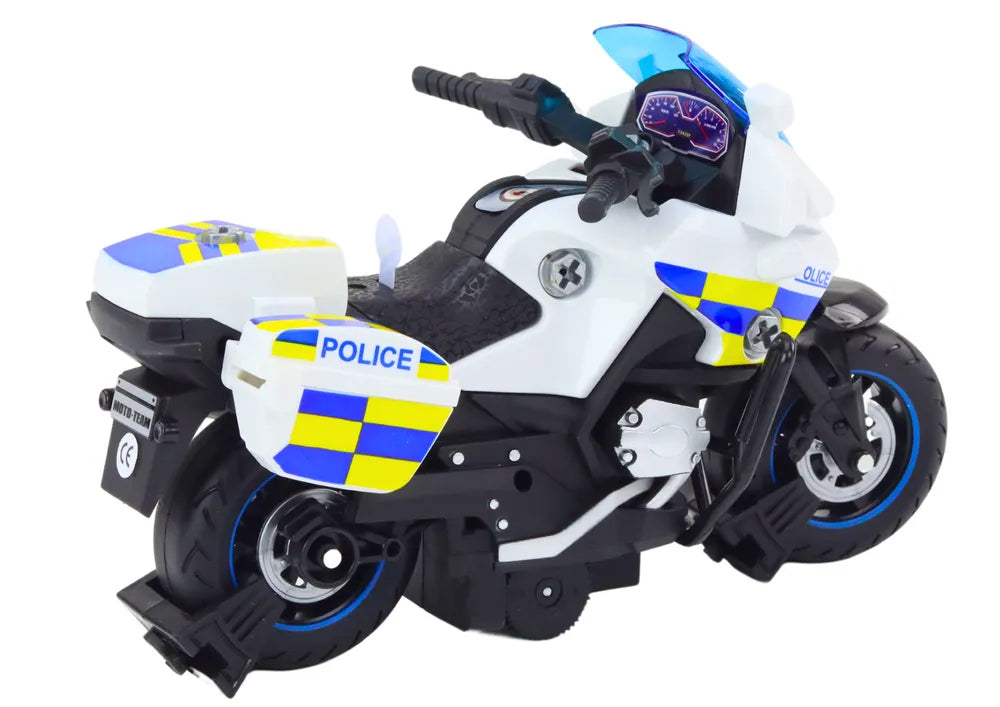Vaikiškas policijos motociklas su atsukimo funkcija, šviesomis ir garsais – baltas