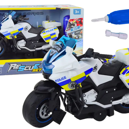 Vaikiškas policijos motociklas su atsukimo funkcija, šviesomis ir garsais – baltas