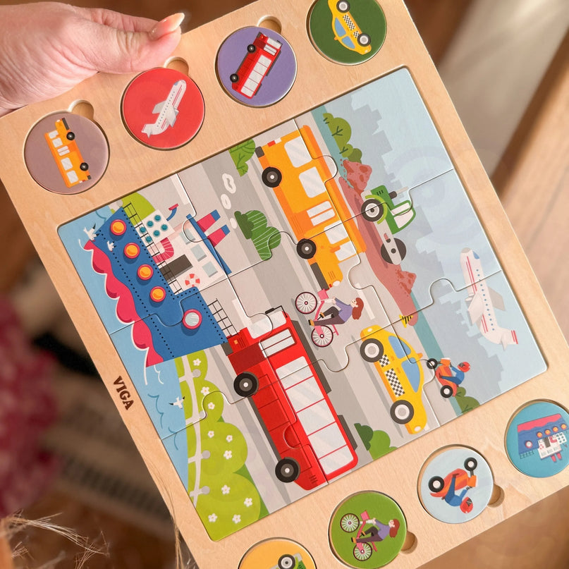Viga medinė dėlionė „Atpažink pagal šešėlį: transportas“