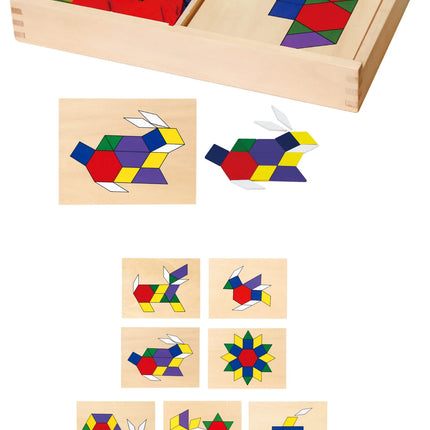 Viga medinė geometrinė mozaika – 148 elementų Montessori rinkinys