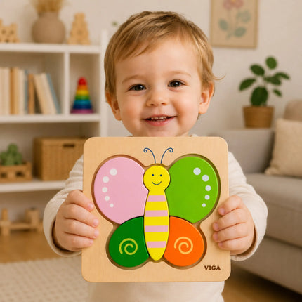 Viga medinė mini dėlionė „Drugelis“ – 4 dalių pirmoji dėlionė
