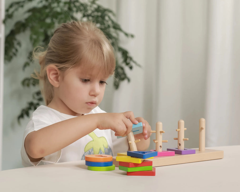 Viga medinis geometrinis rūšiuoklis – 12 formų, 5 stulpeliai su iškilimais