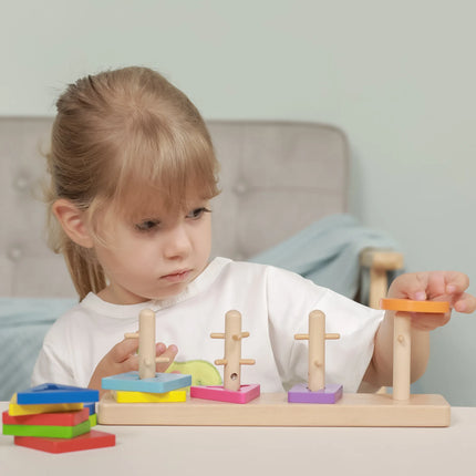 Viga medinis geometrinis rūšiuoklis – 12 formų, 5 stulpeliai su iškilimais