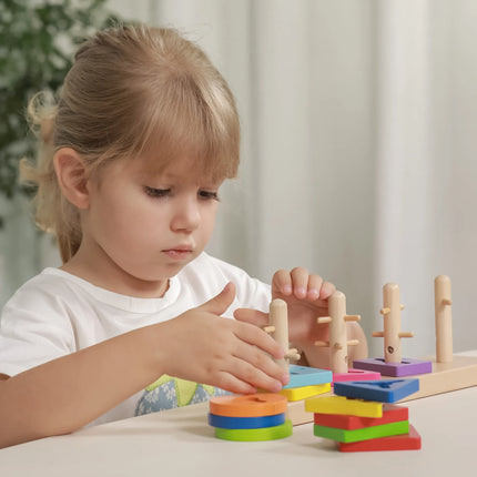 Viga medinis geometrinis rūšiuoklis – 12 formų, 5 stulpeliai su iškilimais