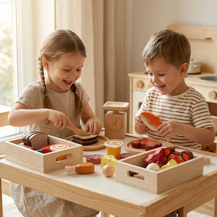 Viga medinis maisto produktų rinkinys – 2 dėžutės, pusryčiai + mėsa ir žuvis