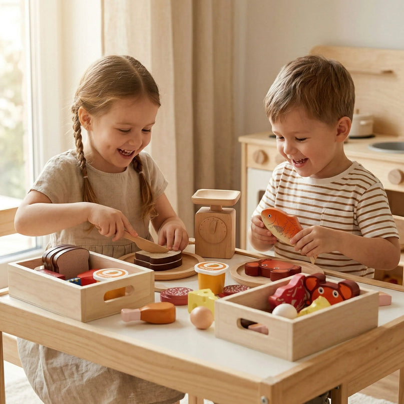 Viga medinis maisto produktų rinkinys – 2 dėžutės, pusryčiai + mėsa ir žuvis