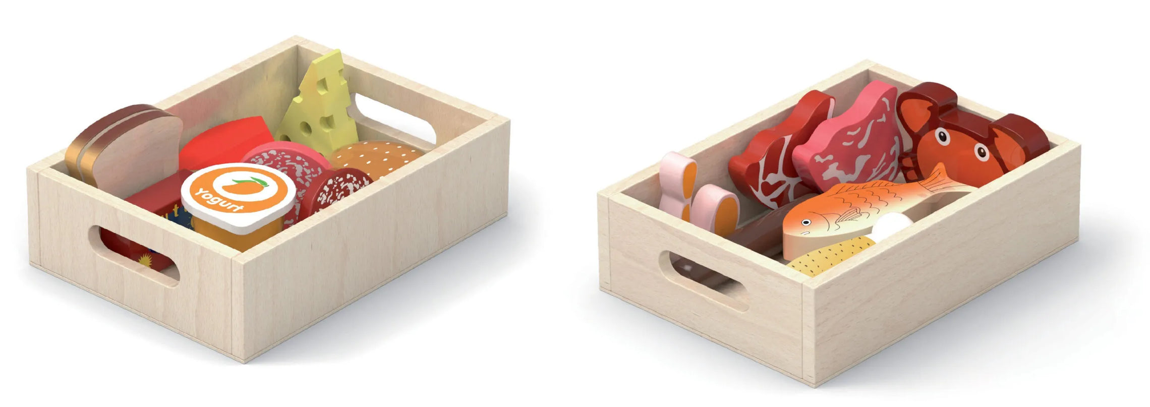 Viga medinis maisto produktų rinkinys – 2 dėžutės, pusryčiai + mėsa ir žuvis