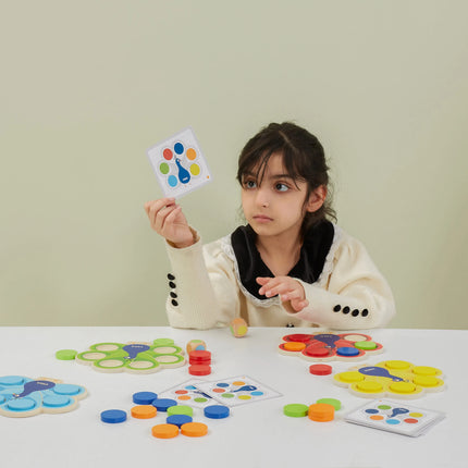 Viga medinis Montessori žaidimas „Spalvų derinimas – povo uodega“