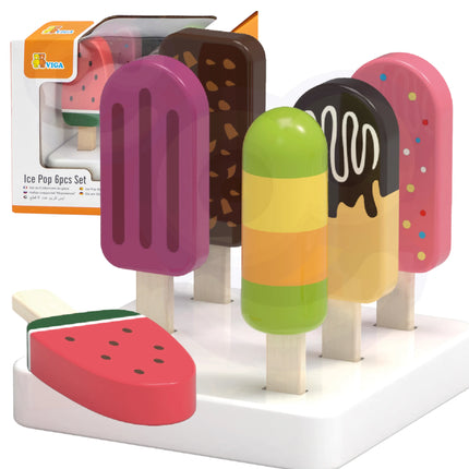 Viga medinių ledų rinkinys – 6 ledai ant pagaliuko + stovelis