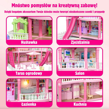 Woopie 3 aukštų lėlių vila su 296 elementais ir naktiniu apšvietimu