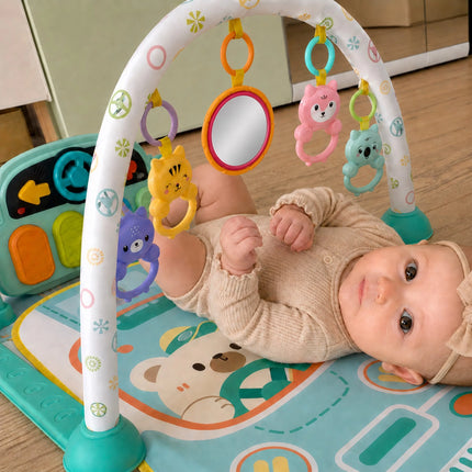 Woopie Baby edukacinis kilimėlis su pianinu, žaislų arka, barškutėmis ir veidrodėliu