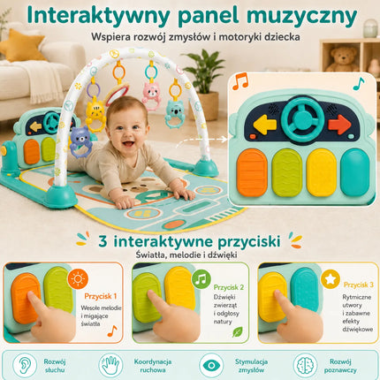 Woopie Baby edukacinis kilimėlis su pianinu, žaislų arka, barškutėmis ir veidrodėliu