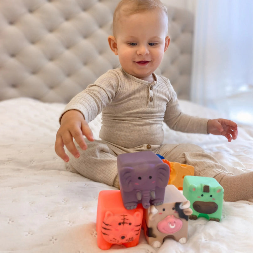 „WOOPIE BABY“ sensoriniai gyvūnų kaladėlės – spaudžiama dėlionė su garsu 6vnt