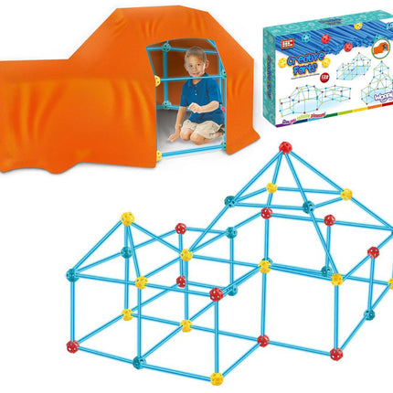 Woopie „Construction Set“ – 128 dalių statybų rinkinys su vamzdeliais, jungtimis ir audiniu palapinei