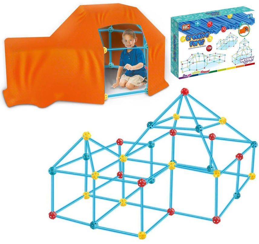 Woopie „Construction Set“ – 128 dalių statybų rinkinys su vamzdeliais, jungtimis ir audiniu palapinei